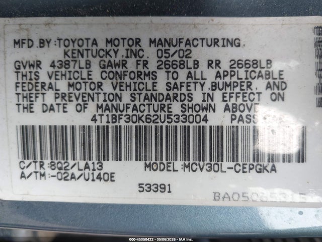 Продаж на аукціоні авто 2002 Toyota Camry Xle V6, vin: 4T1BF30K62U533004, номер лоту: 45050422