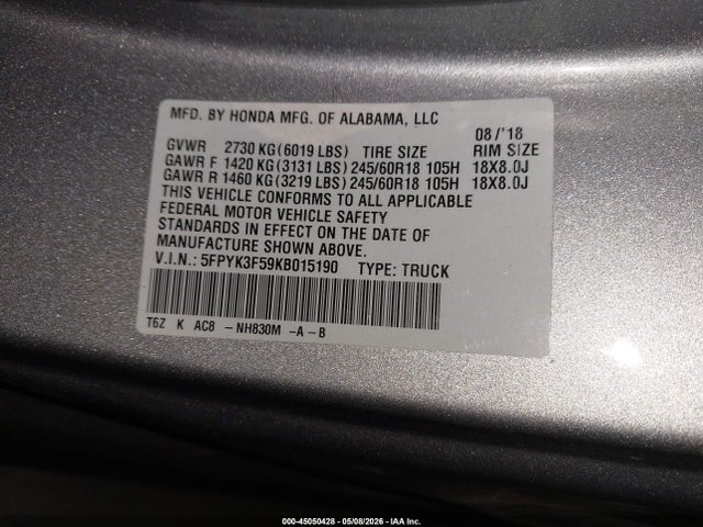 45050428 :رقم المزاد ، 5FPYK3F59KB015190 vin ، 2019 Honda Ridgeline Rtl مزاد بيع
