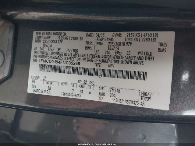 45050427 :رقم المزاد ، 1FMCU0J94FUC35268 vin ، 2015 Ford Escape Titanium مزاد بيع
