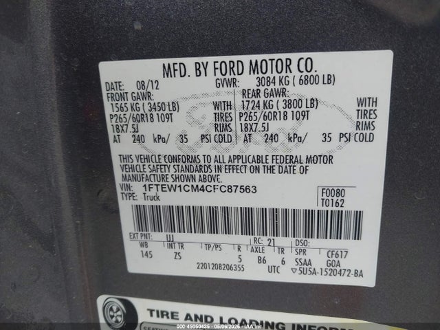 Продаж на аукціоні авто 2012 Ford F-150 Xlt, vin: 1FTEW1CM4CFC87563, номер лоту: 45050435