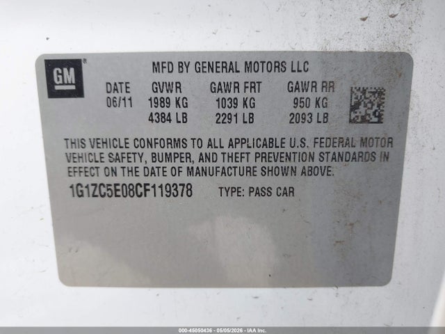 Продажа на аукционе авто 2012 Chevrolet Malibu 1lt, vin: 1G1ZC5E08CF119378, номер лота: 45050436
