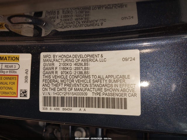 45050446 :رقم المزاد ، 1HGCY2F61SA000939 vin ، 2025 Honda Accord Hybrid Ex-l مزاد بيع