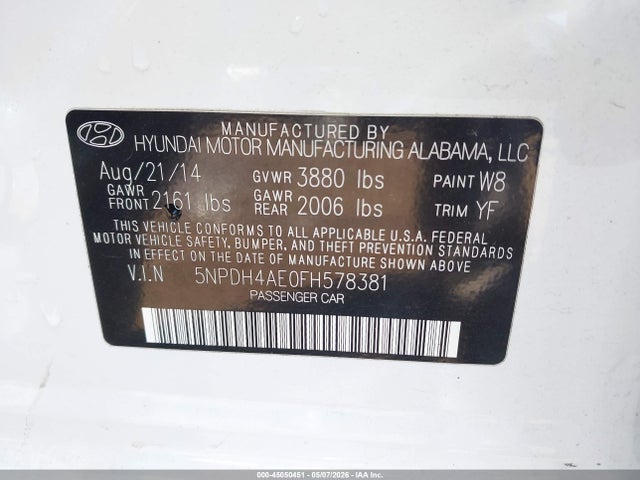 45050451 :رقم المزاد ، 5NPDH4AE0FH578381 vin ، 2015 Hyundai Elantra Se مزاد بيع