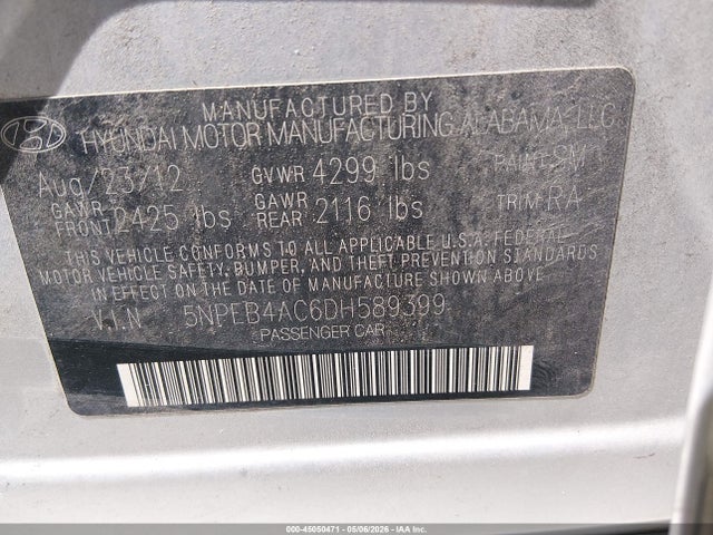 Aukcja sprzedaży 2013 Hyundai Sonata Gls, vin: 5NPEB4AC6DH589399, numer aukcji: 45050471