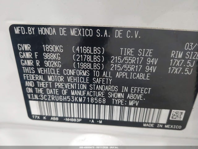 Aukcja sprzedaży 2019 Honda Hr-v Ex, vin: 3CZRU6H53KM718568, numer aukcji: 45050478