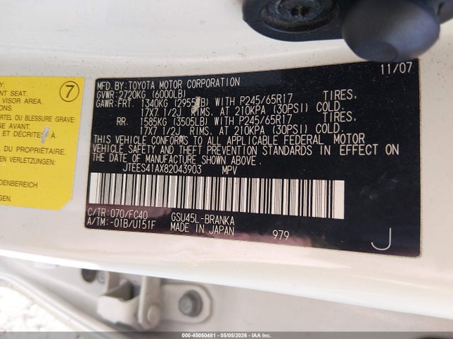 Aukcja sprzedaży 2008 Toyota Highlander, vin: JTEES41AX82043903, numer aukcji: 45050481