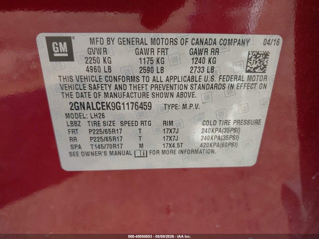 Aukcja sprzedaży 2016 Chevrolet Equinox Lt, vin: 2GNALCEK9G1176459, numer aukcji: 45050503