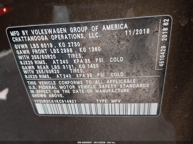 45050507 :رقم المزاد ، 1V2UR2CA1KC514821 vin ، 2019 Volkswagen Atlas 3.6l V6 Se W/technology مزاد بيع