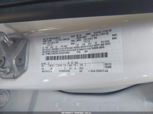 2018 Ford Escape Se მანქანა იყიდება აუქციონზე, vin: 1FMCU9GD4JUD23360, აუქციონის ნომერი: 45050512