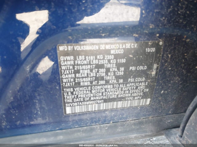 45050531 :رقم المزاد ، 3VV3B7AX6MM027641 vin ، 2021 Volkswagen Tiguan 2.0t Se/2.0t Se R-line Black/2.0t Sel مزاد بيع