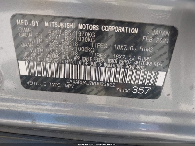 45050535 :رقم المزاد ، JA4ARUAU7MU023822 vin ، 2021 Mitsubishi Outlander Sport 2.0 Be Awc/2.0 Es Awc/2.0 Le Awc/2.0 Se Awc مزاد بيع