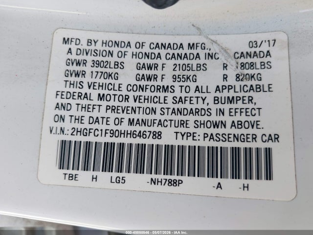 Продажа на аукционе авто 2017 Honda Civic Touring, vin: 2HGFC1F90HH646788, номер лота: 45050546