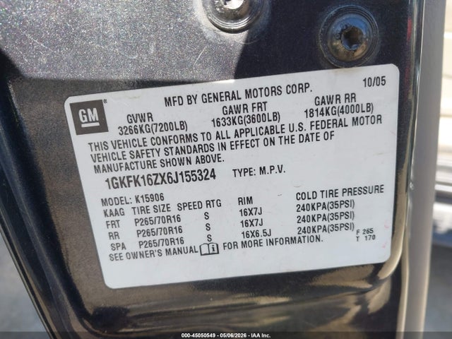 2006 Gmc Yukon Xl K1500 მანქანა იყიდება აუქციონზე, vin: 1GKFK16ZX6J155324, აუქციონის ნომერი: 45050549