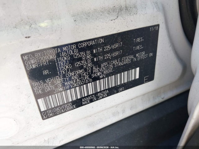 45050568 :رقم المزاد ، JTMK1RFV3KD501876 vin ، 2019 Toyota Rav4 Le مزاد بيع