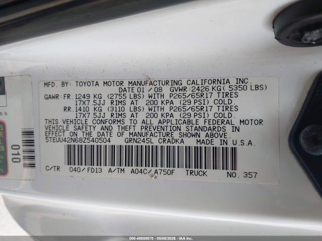 Продаж на аукціоні авто 2008 Toyota Tacoma Base V6, vin: 5TEUU42N68Z540504, номер лоту: 45050570