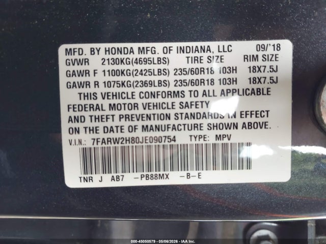 Aukcja sprzedaży 2018 Honda Cr-v Ex-l/ex-l Navi, vin: 7FARW2H80JE090754, numer aukcji: 45050579