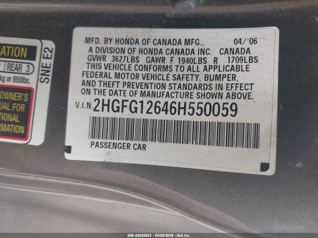2006 Honda Civic Lx მანქანა იყიდება აუქციონზე, vin: 2HGFG12646H550059, აუქციონის ნომერი: 45050582