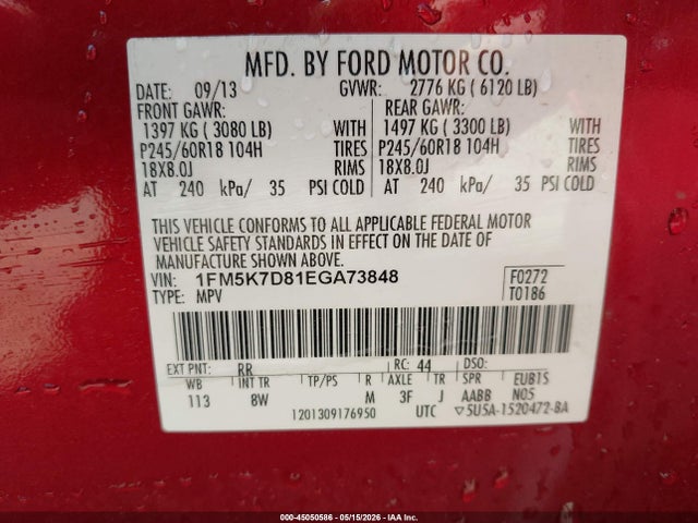 Aukcja sprzedaży 2014 Ford Explorer Xlt, vin: 1FM5K7D81EGA73848, numer aukcji: 45050586