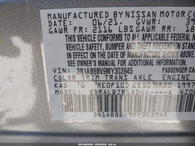 2021 Nissan Sentra S Xtronic Cvt მანქანა იყიდება აუქციონზე, vin: 3N1AB8BV9MY303945, აუქციონის ნომერი: 45050600