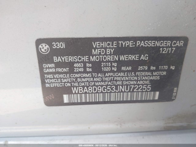 2018 Bmw 330i Xdrive მანქანა იყიდება აუქციონზე, vin: WBA8D9G53JNU72255, აუქციონის ნომერი: 45050606