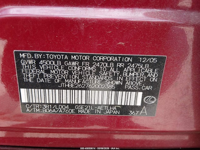 45050614 :رقم المزاد ، JTHBE262762002385 vin ، 2006 Lexus Is 350 مزاد بيع