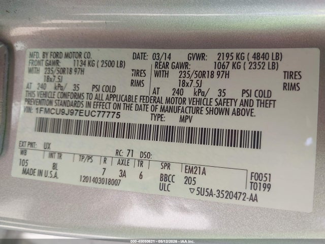 45050621 :رقم المزاد ، 1FMCU9J97EUC77775 vin ، 2014 Ford Escape Titanium مزاد بيع