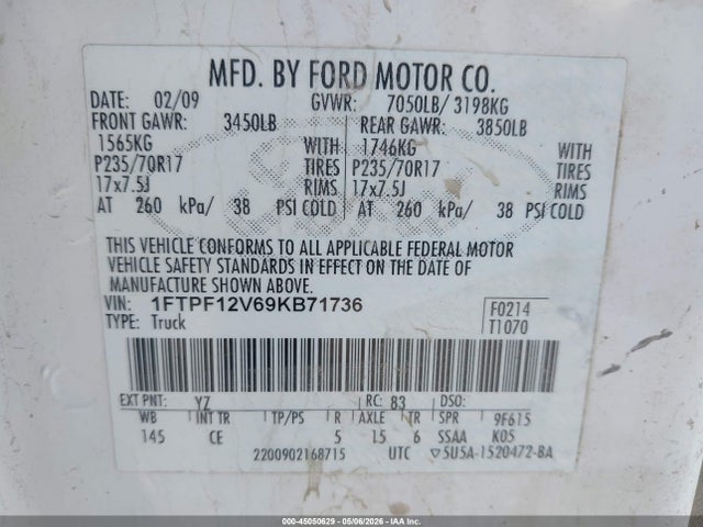 Продаж на аукціоні авто 2009 Ford F-150 Xl/xlt, vin: 1FTPF12V69KB71736, номер лоту: 45050629