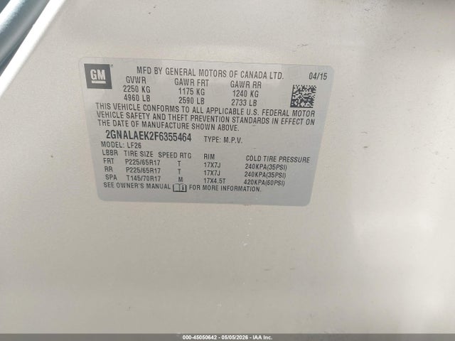 Aukcja sprzedaży 2015 Chevrolet Equinox Ls, vin: 2GNALAEK2F6355464, numer aukcji: 45050642