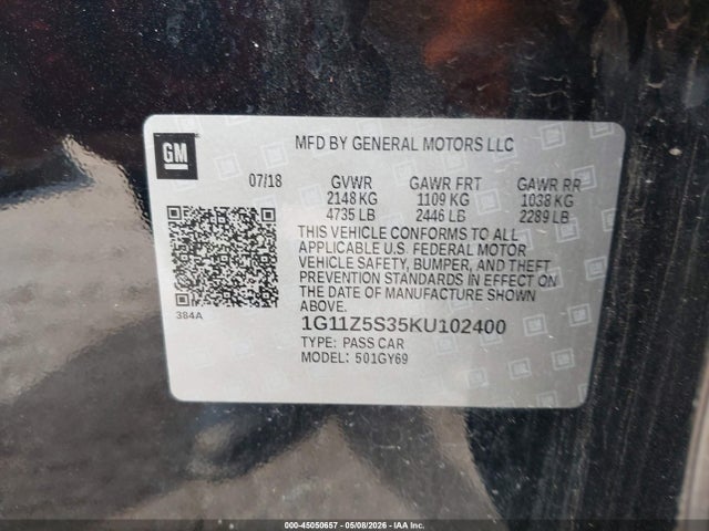 2019 Chevrolet Impala Lt მანქანა იყიდება აუქციონზე, vin: 1G11Z5S35KU102400, აუქციონის ნომერი: 45050657