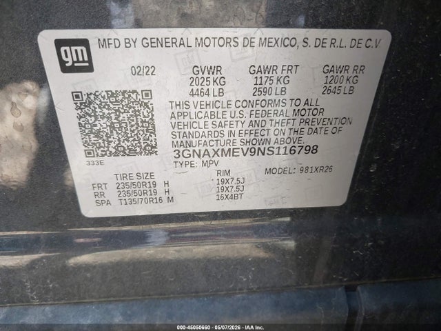 Продажа на аукционе авто 2022 Chevrolet Equinox Fwd Rs, vin: 3GNAXMEV9NS116798, номер лота: 45050660