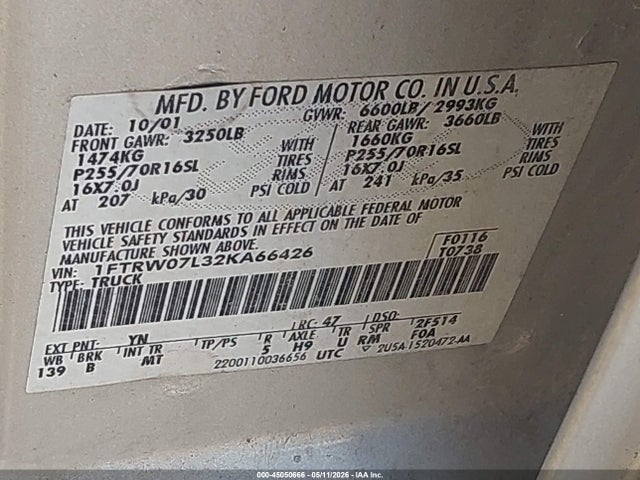 Продаж на аукціоні авто 2002 Ford F-150 Lariat/xlt, vin: 1FTRW07L32KA66426, номер лоту: 45050666
