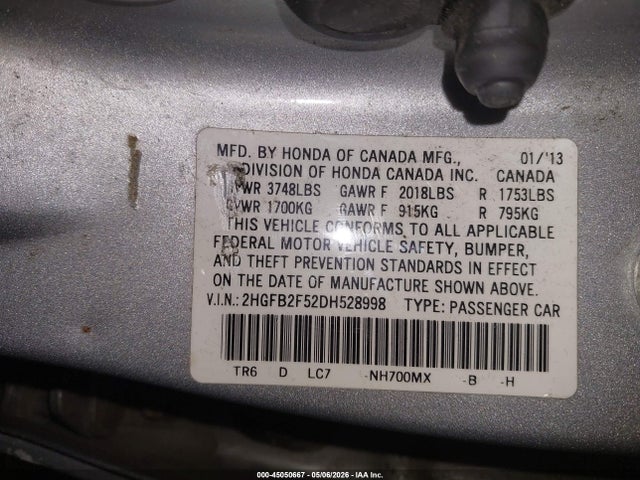 Aukcja sprzedaży 2013 Honda Civic Lx, vin: 2HGFB2F52DH528998, numer aukcji: 45050667