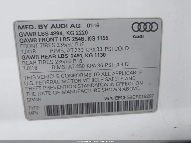 45050678 :رقم المزاد ، WA1EFCFS9GR016292 vin ، 2016 Audi Q3 2.0t Premium Plus مزاد بيع