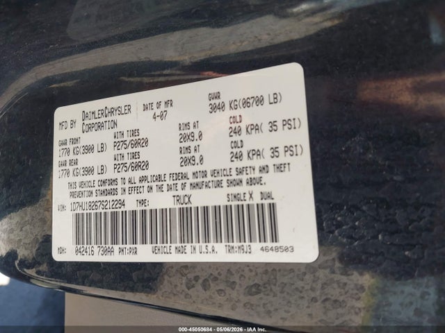 Продажа на аукционе авто 2007 Dodge Ram 1500 Slt/trx4 Off Road/sport, vin: 1D7HU18267S212294, номер лота: 45050684