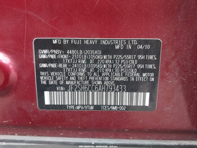 2010 Subaru Forester 2.5x Premium მანქანა იყიდება აუქციონზე, vin: JF2SH6CC6AH793433, აუქციონის ნომერი: 45050705