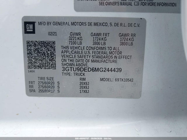 2021 Gmc Sierra 1500 4wd  Short Box Slt მანქანა იყიდება აუქციონზე, vin: 3GTU9DED6MG244439, აუქციონის ნომერი: 45050707