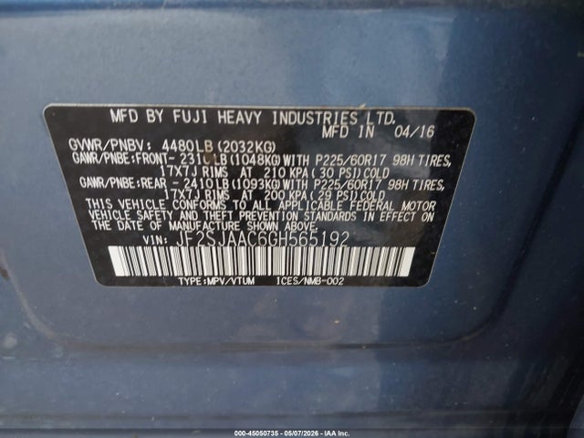 2016 Subaru Forester 2.5i მანქანა იყიდება აუქციონზე, vin: JF2SJAAC6GH565192, აუქციონის ნომერი: 45050735