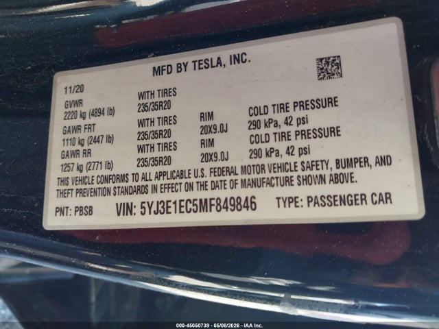 2021 Tesla Model 3 Performance Dual Motor All-wheel Drive მანქანა იყიდება აუქციონზე, vin: 5YJ3E1EC5MF849846, აუქციონის ნომერი: 45050739