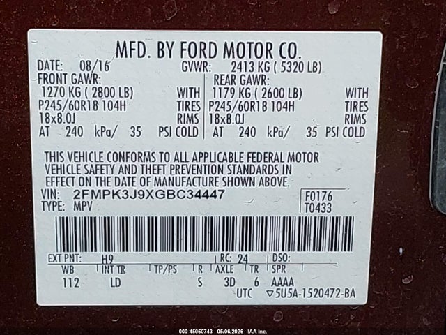 Продажа на аукционе авто 2016 Ford Edge Sel, vin: 2FMPK3J9XGBC34447, номер лота: 45050743