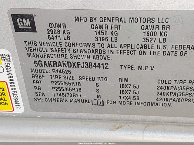 Aukcja sprzedaży 2015 Buick Enclave Convenience, vin: 5GAKRAKDXFJ384412, numer aukcji: 45050766