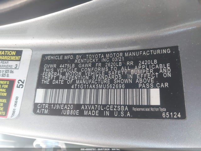 Aukcja sprzedaży 2021 Toyota Camry Se, vin: 4T1G11AK5MU562696, numer aukcji: 45050781