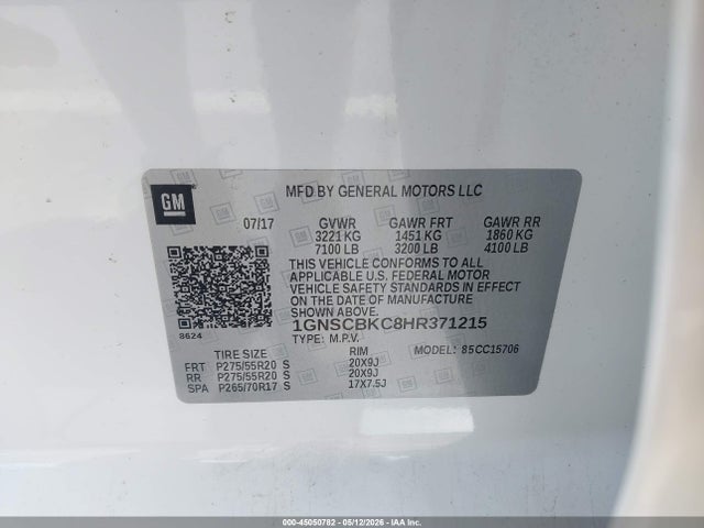 2017 Chevrolet Tahoe Lt მანქანა იყიდება აუქციონზე, vin: 1GNSCBKC8HR371215, აუქციონის ნომერი: 45050782