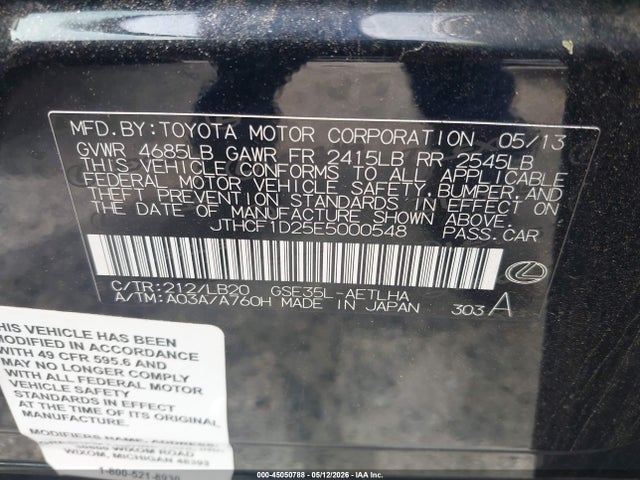 Aukcja sprzedaży 2014 Lexus Is 250, vin: JTHCF1D25E5000548, numer aukcji: 45050788