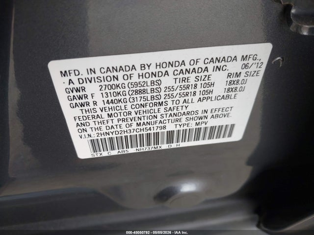Продажа на аукционе авто 2012 Acura Mdx Technology Package, vin: 2HNYD2H37CH541798, номер лота: 45050792