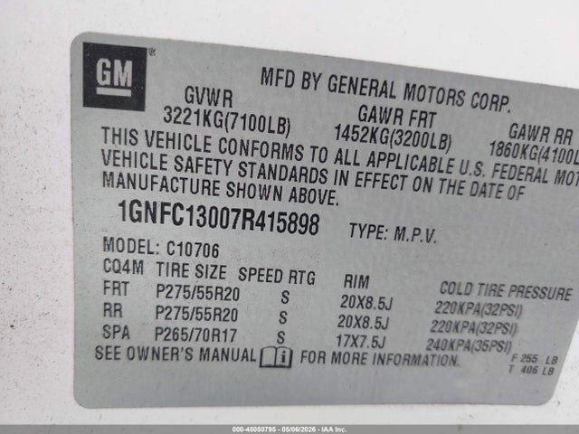 45050795 :رقم المزاد ، 1GNFC13007R415898 vin ، 2007 Chevrolet Tahoe Ltz مزاد بيع