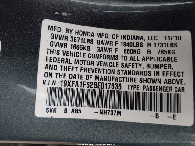 45050804 :رقم المزاد ، 19XFA1F52BE017635 vin ، 2011 Honda Civic Lx مزاد بيع