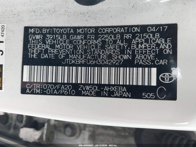 JTDKBRFU6H3042927 Toyota Prius Two