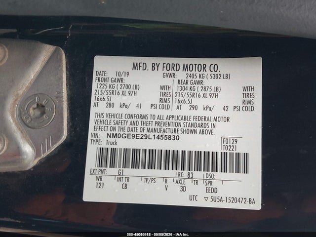 2020 Ford Transit Connect Xl Passenger მანქანა იყიდება აუქციონზე, vin: NM0GE9E29L1455830, აუქციონის ნომერი: 45050812