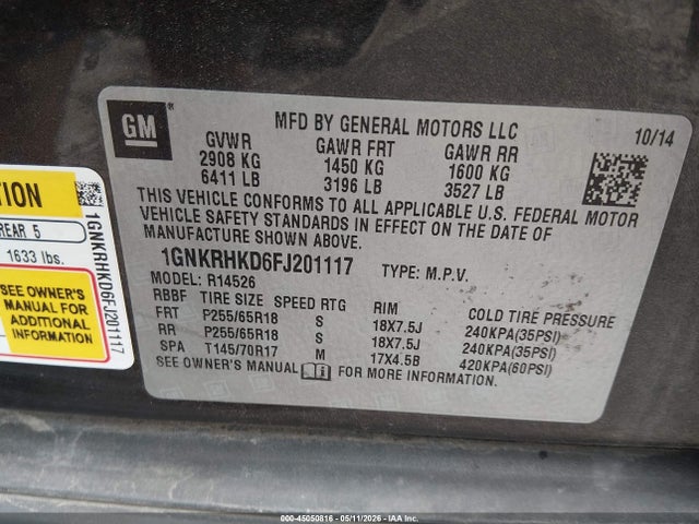 Aukcja sprzedaży 2015 Chevrolet Traverse 2lt, vin: 1GNKRHKD6FJ201117, numer aukcji: 45050816
