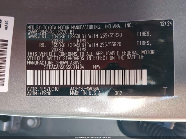 45050820 :رقم المزاد ، 5TDACAB50SS031484 vin ، 2025 Toyota Grand Highlander Hybrid Limited مزاد بيع
